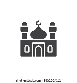 Mosque building vector icon. filled flat sign for mobile concept and web design. Islamic Mosque with minaret glyph icon. Symbol, logo illustration. Vector graphics