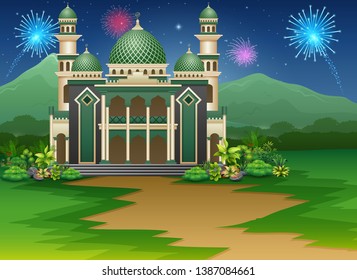 Mosque building with a view of fireworks in the sky