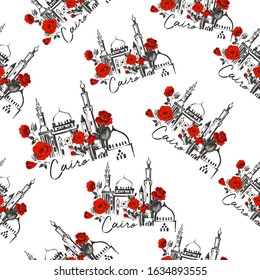 Mosque Cairo and red roses seamless. Egypt symbol line pattern design. Africa hand drawn vector illustration. Linear black sketch on white background.