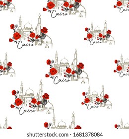 Mosque Cairo and red roses seamless. Egypt symbol line pattern design. Africa hand drawn vector illustration. Linear black sketch on white background.