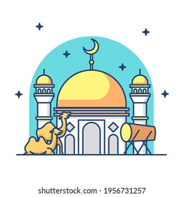 Mosque, camel and drum vector illustration. designs for the celebration of the month of ramadan.