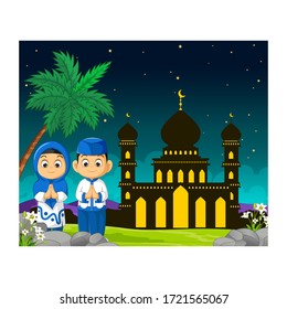 Mosque Cartoon in Mubarak Night With Kids