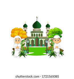 Mosque Cartoon With Two Kids