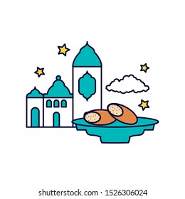 mosque castle with bread food ramadan kareem vector illustration design