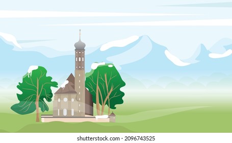 Mosque or church architecture with sky, mountain and beautiful landscape with nature vector illustration.