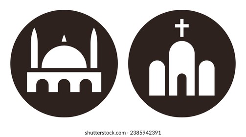 Mosque and church icon. Landmark signs. Religious symbols isolated on white background