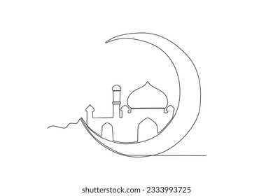 A mosque circled by a crescent moon. Mawlid one-line drawing
