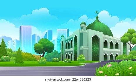 Mosque city park or urban garden with skyscrapers and beautiful summer landscape illustration