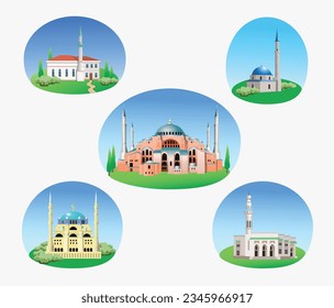 Mosque clip-art set on white background. Vector illustration