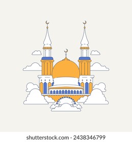 Mosque and cloud minimalist line art illustration, Arabic architecture, ornament background.