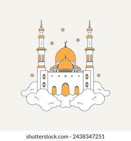 Mosque and cloud minimalist line art illustration, Arabic architecture, ornament background.