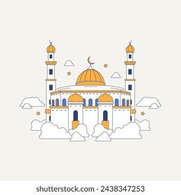 Mosque and cloud minimalist line art illustration, Arabic architecture, ornament background.