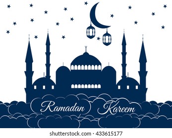 Mosque in the clouds. Ramadan Kareem, minaret, lantern and moon, muslim holiday lights.