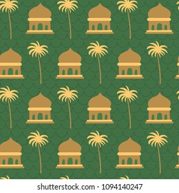 Mosque, coconut tree, green islamic ramadhan pattern. A playful, modern, and flexible pattern for brand who has cute and fun style. Repeated pattern. Happy, bright, and magical mood.