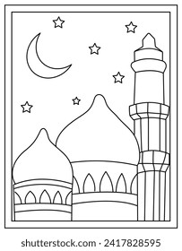 Mosque coloring page designed in hand drawn vector 