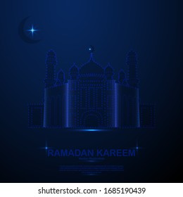 Mosque composed of polygon. Low poly vector Abstract image of the mosque at a starry sky or space, consisting of points, lines, and shapes in the form of planets, stars and the universe.