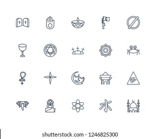 Mosque, Confucianism, agnosticism, God, holy Elephant, atheism, Rub el Hizb, indulgence, Rosary, blasphemy, Diwali outline vector icons from 20 set