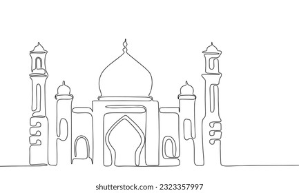Mosque in continuous line art drawing style. Silhouette of mosque, Ramadan Kareem. Black linear sketch isolated on white background. Vector illustration