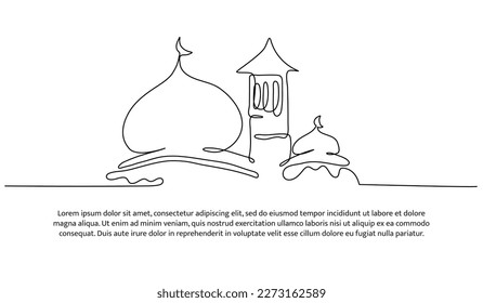 Mosque continuous line design. Islamic architectural design concept. Celebration of Ramadan, Eid al-Fitr Eid al-Adha and Islamic New Year. Decorative elements drawn on a white background.