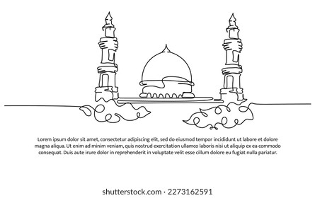 Mosque continuous line design. Islamic architectural design concept. Celebration of Ramadan, Eid al-Fitr Eid al-Adha and Islamic New Year. Decorative elements drawn on a white background.