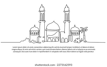 Mosque continuous line design. Islamic architectural design concept. Celebration of Ramadan, Eid al-Fitr Eid al-Adha and Islamic New Year. Decorative elements drawn on a white background.