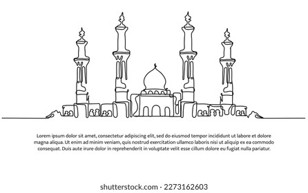 Mosque continuous line design. Islamic architectural design concept. Celebration of Ramadan, Eid al-Fitr Eid al-Adha and Islamic New Year. Decorative elements drawn on a white background.