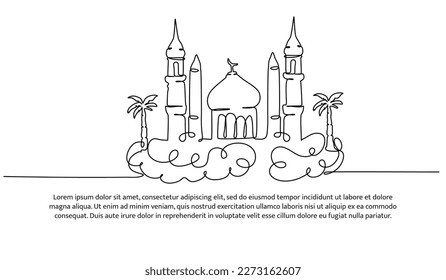 Mosque continuous line design. Islamic architectural design concept. Celebration of Ramadan, Eid al-Fitr Eid al-Adha and Islamic New Year. Decorative elements drawn on a white background.