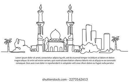 Mosque continuous line design. Islamic architectural design concept. Celebration of Ramadan, Eid al-Fitr Eid al-Adha and Islamic New Year. Decorative elements drawn on a white background.