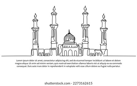 Mosque continuous line design. Islamic architectural design concept. Celebration of Ramadan, Eid al-Fitr Eid al-Adha and Islamic New Year. Decorative elements drawn on a white background.