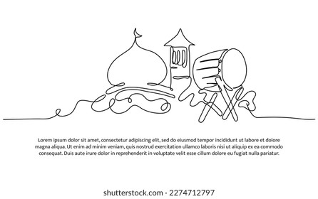 Mosque continuous line design. Islamic architectural design concept. Celebration of Ramadan, Eid al-Fitr Eid al-Adha and Islamic New Year. Decorative elements drawn on a white background.