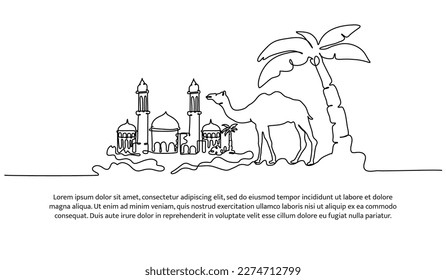 Mosque continuous line design. Islamic architectural design concept. Celebration of Ramadan, Eid al-Fitr Eid al-Adha and Islamic New Year. Decorative elements drawn on a white background.