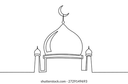 Mezquita línea continua dibujo musulmán construcción de oración cúpula luna creciente arte religioso