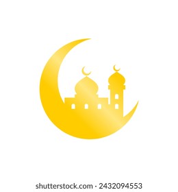 Mezquita y símbolo islámico de la media luna. Ilustración vectorial dorada y brillante.