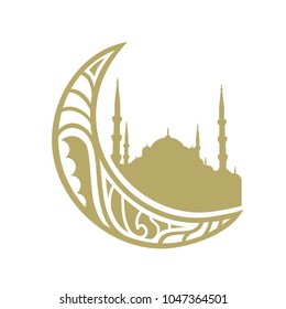 Mosque in crescent moon, abstract logo element