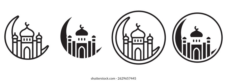 Mosque crescent moon emblem icon set in outline and solid style for islamic celebration or religious event vector illustration.