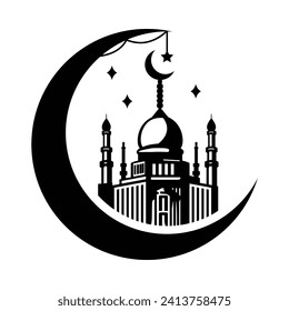 Mosque and crescent moon, hand drawn vector illustration design, isolated on crescent moon and lantern design.