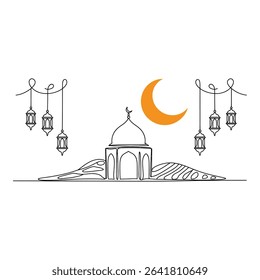 Mosque and crescent moon with hanging lanterns isolated on white background