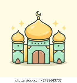Mezquita con la ilustración de la luna creciente para el icono, la etiqueta engomada y otros usos
