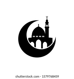 Mosque And Crescent Moon Logo Vector Silhouette. Islamic Logos Template.