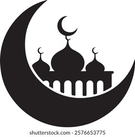 Mosque and crescent moon on white background. Vector illustration.