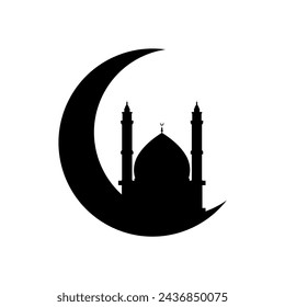 mosque crescent moon silhouette. Eid mubarak greeting card. crescent moon with mosque silhouette. ramadan kareem  design element for Muslim community festival or holiday. islamic symbol