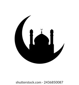 mosque crescent moon silhouette. Eid mubarak greeting card. crescent moon with mosque silhouette. ramadan kareem  design element for Muslim community festival or holiday. islamic symbol