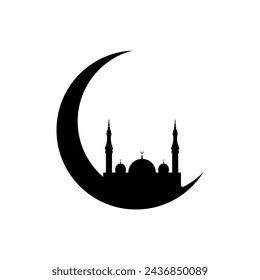 mosque crescent moon silhouette. Eid mubarak greeting card. crescent moon with mosque silhouette. ramadan kareem  design element for Muslim community festival or holiday. islamic symbol