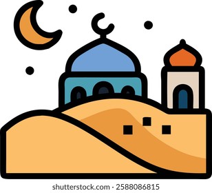 Mosque with crescent moon and stars over desert, representing Ramadan night prayers and spirituality.