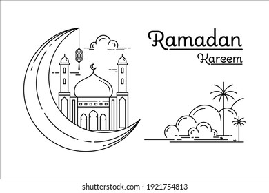 diseño de vectores de luna de mezquita y luna creciente concepto de ramadan estilo monolítico con decoración de linternas