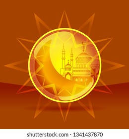 Mosque and crescent in the shining sphere - Concept for Islamic holiday, for celebration Mawlid birthday of prophet Muhammad, Ramadan Kareem, Eid Mubarak. Place for text