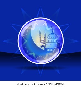 Mosque and crescent in the shining sphere - Concept for Islamic holiday, for celebration Mawlid birthday of prophet Muhammad, Ramadan Kareem, Eid Mubarak. Place for text