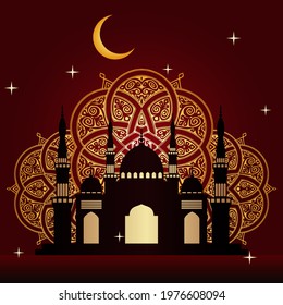 Mosque with dark red background, Happy Eid Mubarak 53 vector design illustration