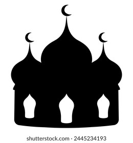 Mosque. Dark silhouette. Vector illustration. Muslim prayer architectural structure. Outline on isolated background. Three towers with domes and a crescent on them. Idea for web design.