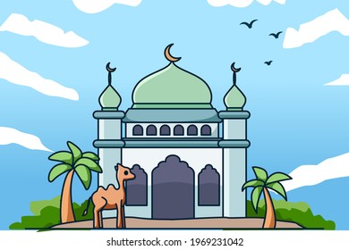 Mosque with date palm tree and camel cartoon illustration